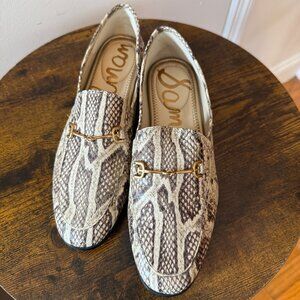 Sam Edelman White and Brown Snakeskin Print Loafers with Gold Hardware
